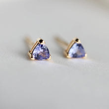 Load image into Gallery viewer, Little Gold Tanzanite Trillion Stud Earrings
